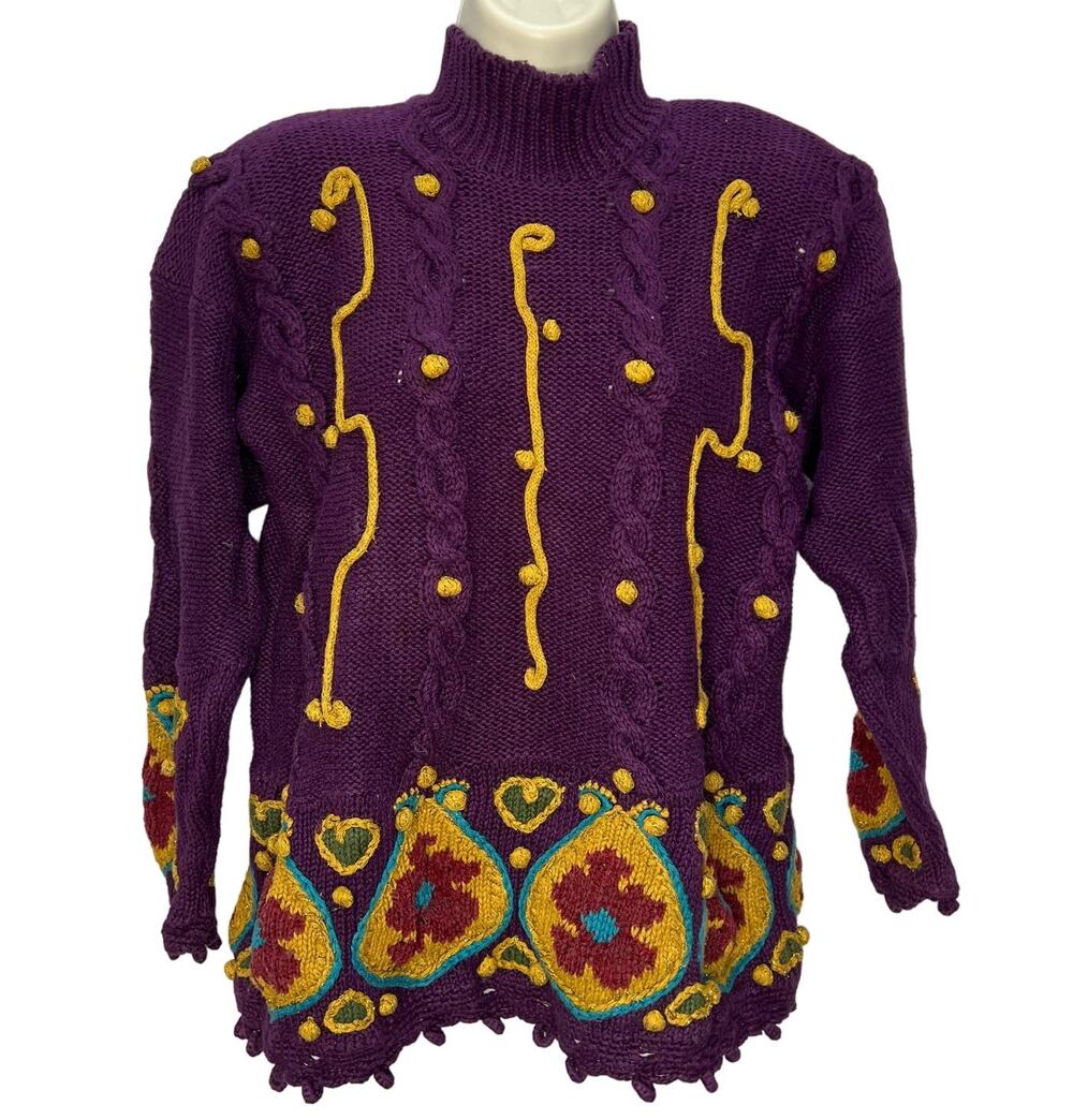 Vintage Rebecca Stone Chunky Knit Sweater Size L Purple Floral Embroidered Mock